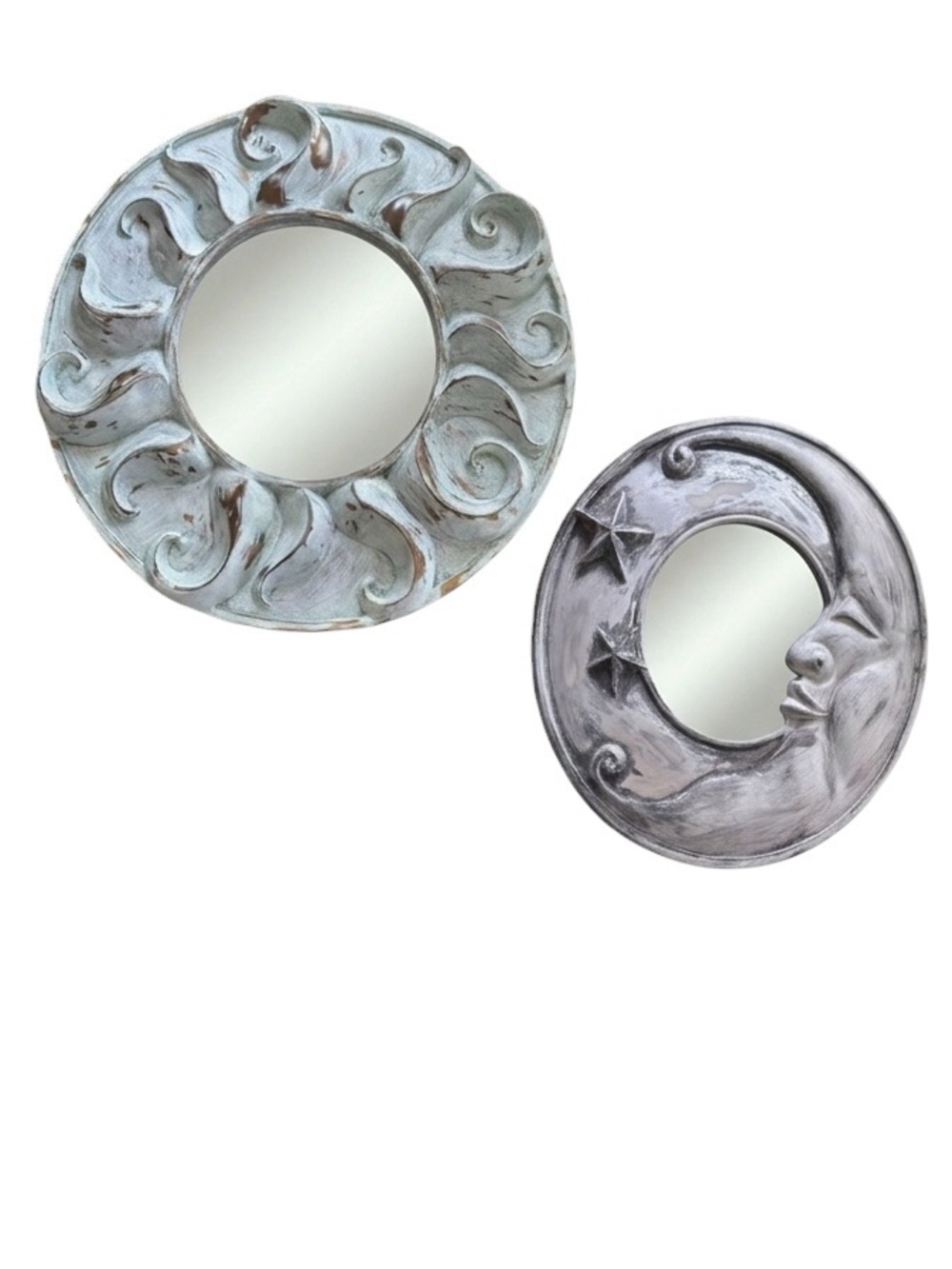 2 Vintage 90s Sun + Moon Round Wall Mirrors|Whitewashed Blue & Silver|Whimsigoth